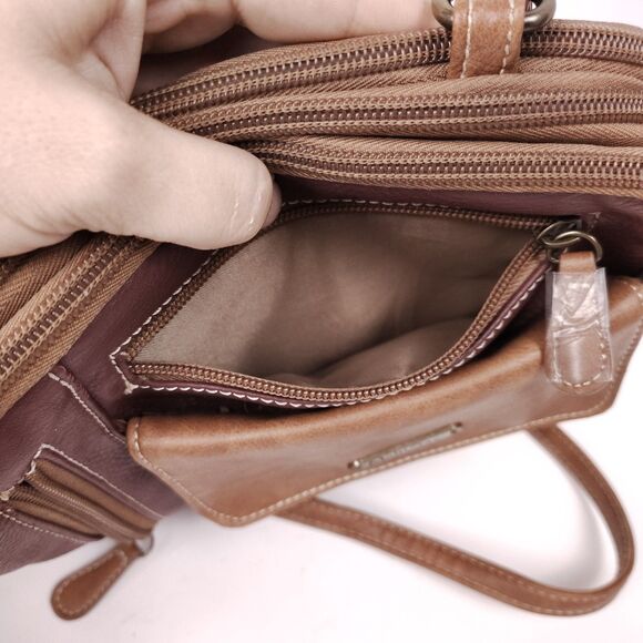 MultiSac Zippy Triple Compartment Two Tone Tan & Wine Adjustable Crossbody EUC - Picture 6 of 13